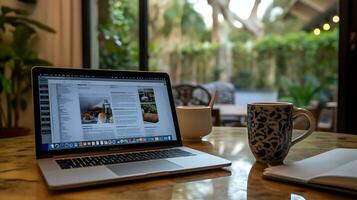AI generated Laptop Coffee Mug Notebook Natural Light Greenery photo