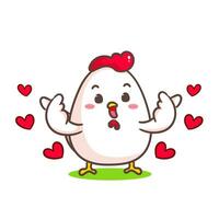 Cute chicken showing love hand sign cartoon. Adorable kawaii Animal concept design. Hand drawn mascot and logo vector illustration. Isolated white background.