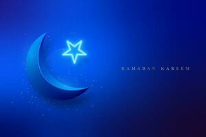 Ramadan Kareem luxury banner with shiny crescent moon, glowing neon star and golden glitter. vector