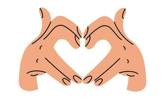 Hands shows a heart-shaped gesture, an artistic illustration of a hand drawing line. Fingers fold a heart on a white background. The concept of human body language denoting love. Vector illustrations