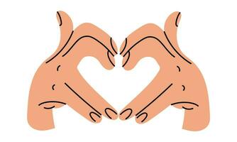 Hands shows a heart-shaped gesture, an artistic illustration of a hand drawing line. Fingers fold a heart on a white background. The concept of human body language denoting love. Vector illustrations