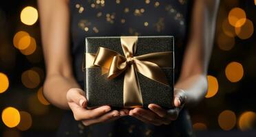 AI generated woman with dark hair holding a gold gift box photo