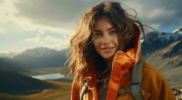 ai generado joven sonriente mujer con un impermeable en pie y mirando a el montañas foto