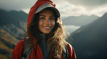 AI generated young smiling woman with a raincoat standing and looking at the mountains photo