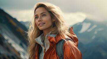 ai generado joven sonriente mujer con un impermeable en pie y mirando a el montañas foto