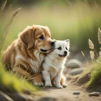 ai generado dorado perdiguero y galés corgi perrito en el campo. generativo ai foto