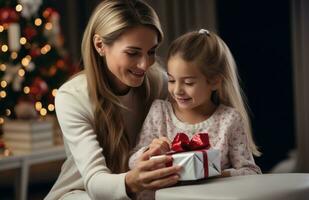 ai generado joven mujer da su hija un regalo en el sofá foto