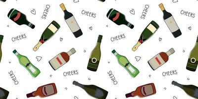 Various bottles of alcohol seamless pattern. Hand drawn alcohol pattern with doodle elements. Different shapes and colors of bottles. Wallpaper, background, wrapping paper vector