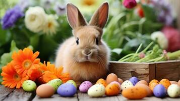 AI generated A whimsical photo of a bunny munching on a carrot, with Easter eggs and spring flowers