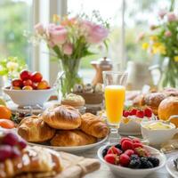 ai generado Pascua de Resurrección desayuno tardío elementos, incluso pasteles, frutas, y bebidas, conjunto en contra un festivo antecedentes foto