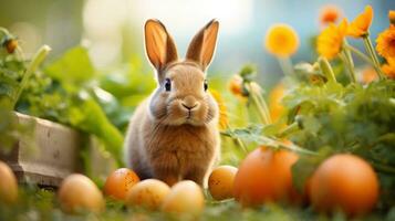 AI generated A whimsical photo of a bunny munching on a carrot, with Easter eggs and spring flowers