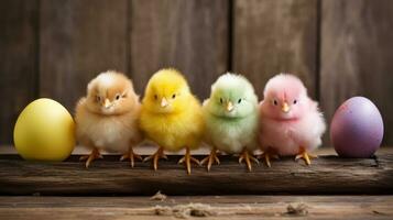AI generated fluffy Easter chicks and colorful eggs set against a rustic background. photo