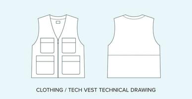 Utility Vest with Pockets, Technical Drawing, Apparel Blueprint for Fashion Designers vector