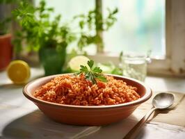 ai generado delicioso mexicano rojo arroz con verduras. tradicional alimento, latín americano, mexicano cocina. fotorrealista, antecedentes con bokeh efecto. ai generado. foto