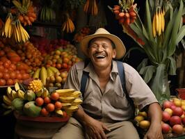 AI generated An adult Latin American, Mexican man in the fruit and vegetable shop in Latin American city. A happy, not rich man. Photorealistic. AI generated. photo