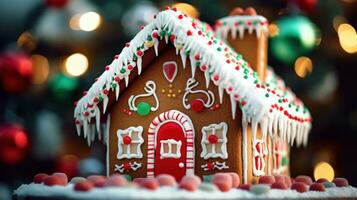 AI generated beautifully decorated gingerbread house, complete with candy canes photo