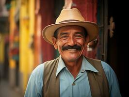 AI generated An elderly Latin American, Mexican man in the hat on the street of a Latin American city. National Festival. A happy, not rich man. Photorealistic. AI generated. photo