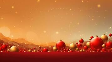 ai generado un alegre y caprichoso Navidad escena con vistoso dorado pelotas y un brillante rojo antecedentes foto