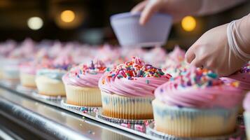 AI generated baker piping frosting onto a cake, with a variety of colorful icings and sprinkles in the background photo