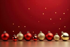 AI generated A cheerful and whimsical Christmas scene with colorful golden balls and a bright red background photo