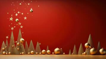 AI generated A cheerful and whimsical Christmas scene with colorful golden balls and a bright red background photo