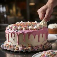 AI generated baker piping frosting onto a cake, with a variety of colorful icings and sprinkles in the background photo