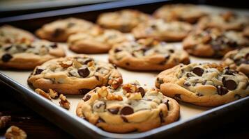 AI generated tray of freshly baked cookies, with chocolate chips and chunks of nuts peeking out from the dough. photo