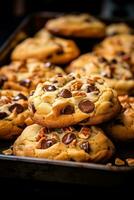 ai generado bandeja de recién horneado galletas, con chocolate papas fritas y trozos de nueces echar un vistazo fuera desde el masa. foto