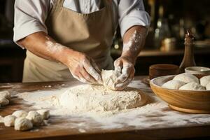 AI generated A candid shot of a baker dusting flour onto a work surface photo