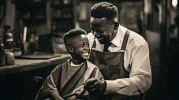 AI generated A black and white photo of a barber cutting a young boy's hair