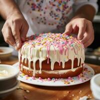 AI generated baker piping frosting onto a cake, with a variety of colorful icings and sprinkles in the background photo