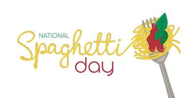 National Spaghetti Day text banner. Handwriting text and spaghetti on fork with tomato sauce and basil. Hand drawn vector art