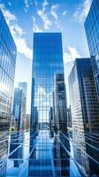 AI generated glass skyscraper reflecting the blue sky and surrounding buildings photo