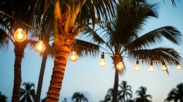 AI generated string of light bulb garlands hanging between two palm trees on a beach photo