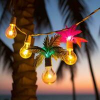 AI generated light bulb garland hanging between two palm trees on a beach photo