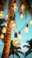 AI generated string of light bulb garlands hanging between two palm trees on a beach photo