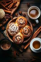 AI generated A flat lay of a wooden table with a variety of baked goods, including cinnamon rolls, muffins photo