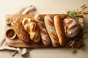 AI generated A flat lay of a wooden cutting board with a variety of artisanal breads, including sourdough photo