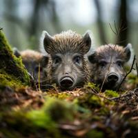 ai generado un familia de salvaje jabalíes alimentándose mediante el bosque piso, su distintivo hocicos y erizado piel en lleno monitor foto