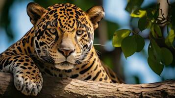 ai generado un majestuoso jaguar encaramado en un árbol rama, curioso dentro el distancia con sus perforación verde ojos foto