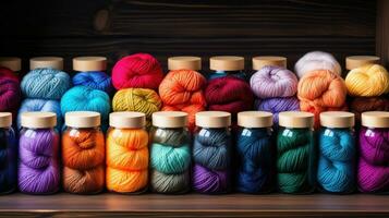 AI generated A knitter's workspace with a variety of colorful yarns and knitting needles on a wooden desk. photo