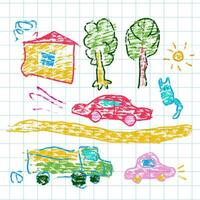 Kids Wax Crayons drawings set on checkered paper sheet. vector