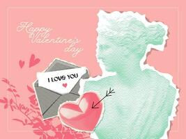 Female antique Statue with a halftone effect in a retro collage style with vector graphic elements - heart and love letter. Happy Valentine's Day Banner vector design in vintage mixed media style.