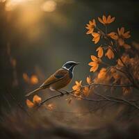 ai generado pájaro en un rama con amarillo flores en el bosque a puesta de sol. generativo ai foto