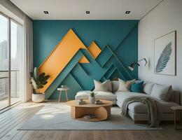 AI generated Interior of modern living room with green walls, wooden floor, comfortable white sofa standing near coffee table and abstract painted wall. generative ai photo