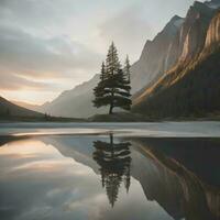 ai generado reflexión de un pino árbol en lago Luisa. generativo ai foto