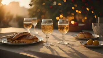 ai generado dos lentes de blanco vino en el mesa en frente de el Navidad árbol. foto