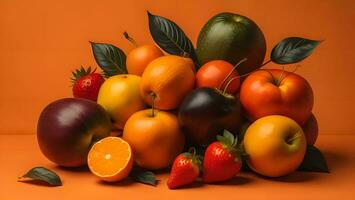 AI generated Fresh fruits on orange background. Healthy eating and dieting concept. generative ai photo