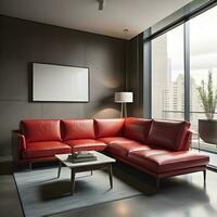 AI generated Interior of modern living room with gray walls, concrete floor, comfortable red sofa standing near coffee table and mock up poster. generative ai photo