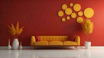 AI generated Living room with yellow sofa and vases with flowers on red wall. generative ai photo